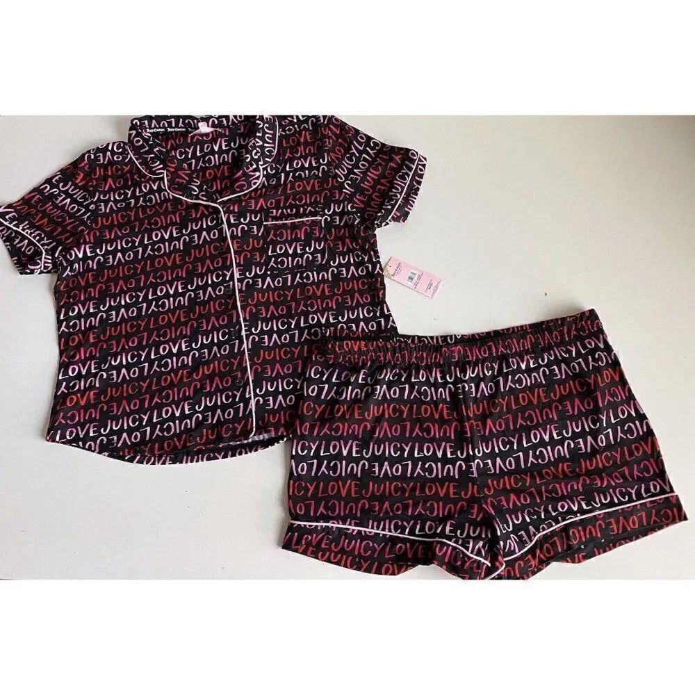 Juicy Couture 2 Pc Soft Pajama PJ Women’s Sz XL Black Ombre Button‎ Top Shorts